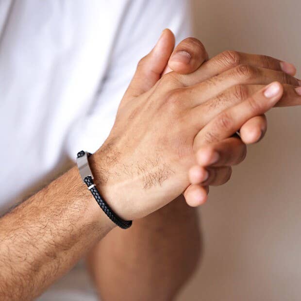 Men's Double Braided Leather Bracelet in Black - S/M