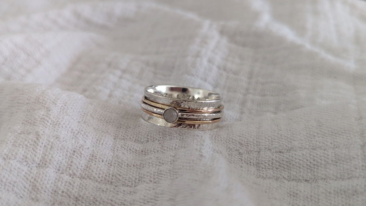 Personalised Solid Silver And Gold birthstone Spinner Ring