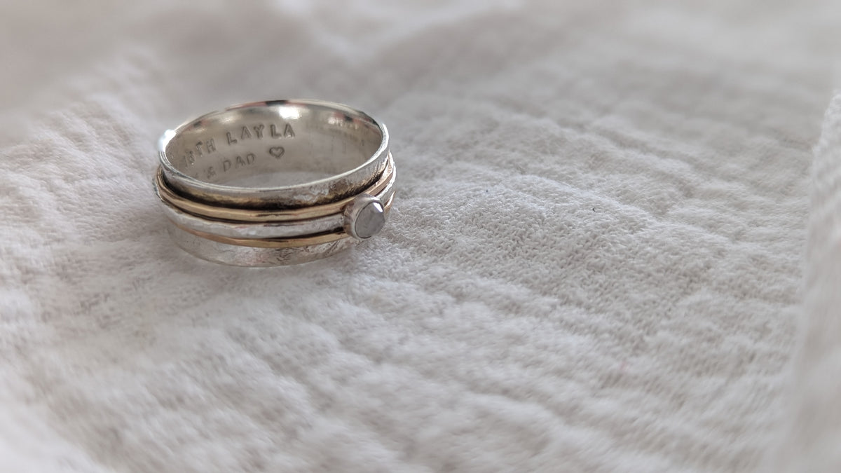 Personalised Solid Silver And Gold birthstone Spinner Ring