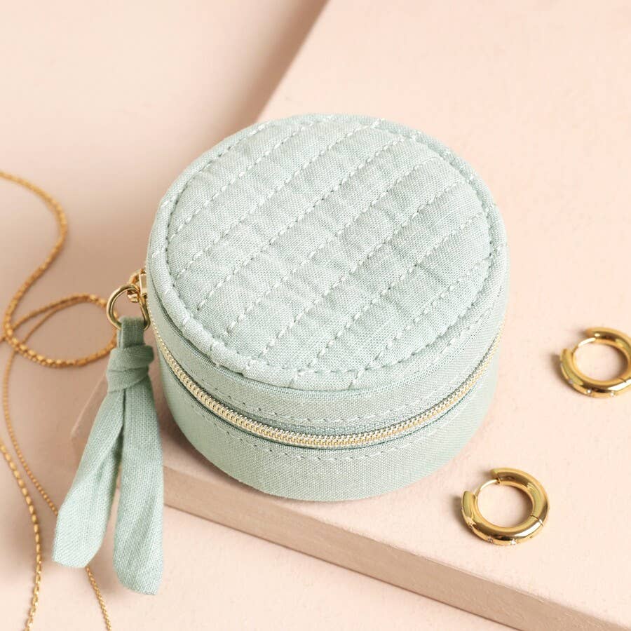 Quilted Mini Round Travel Jewellery Case in Mint