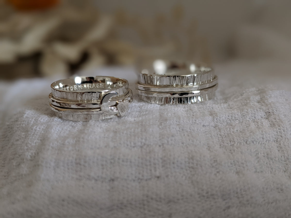 Personalised Silver Heart and Moon Spinner Ring