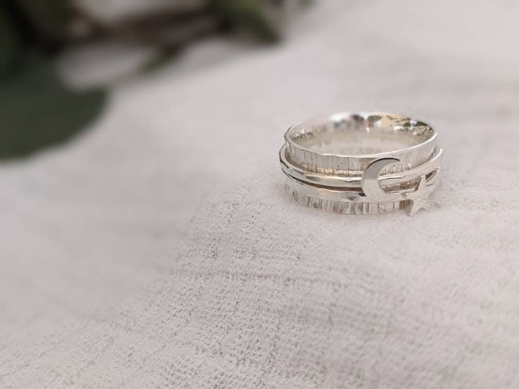 Personalised Star and Moon Silver Spinner Ring